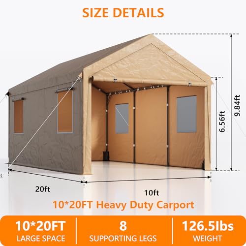 SANWAY 10'x20' Heavy Duty Carport with Removable Sidewalls & Doors, Portable Garage with Roll-up Ventilated Windows, Beige